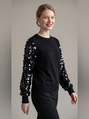 SIANI MILANO Black Sequin Sleeve Crewneck Top SIZE MEDIUM